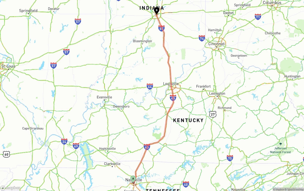Shipping route from Nashville to Indianapolis