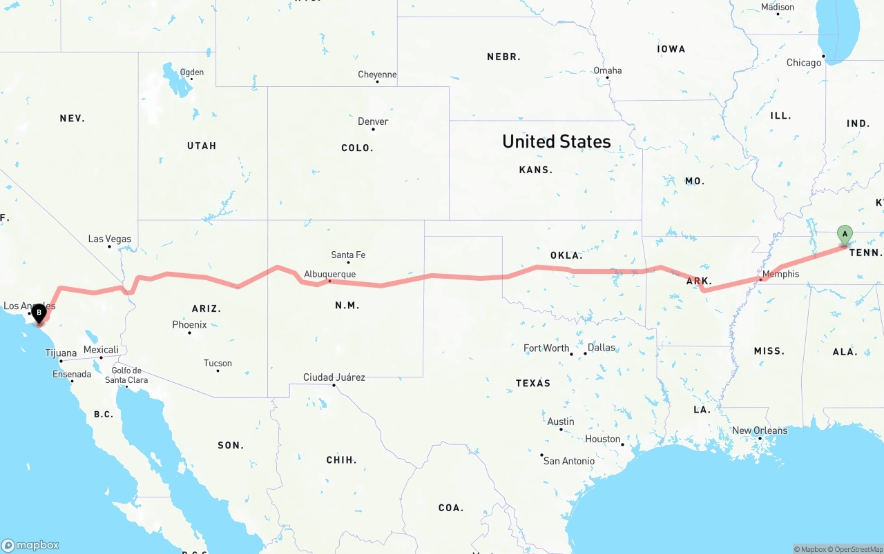 Shipping route from Nashville to John Wayne Airport — Orange County