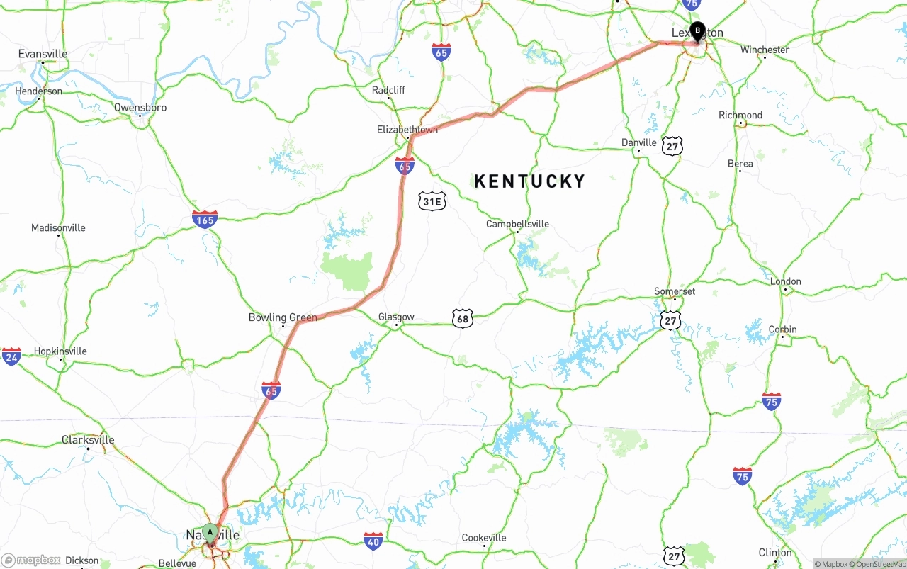 Shipping route from Nashville to Lexington