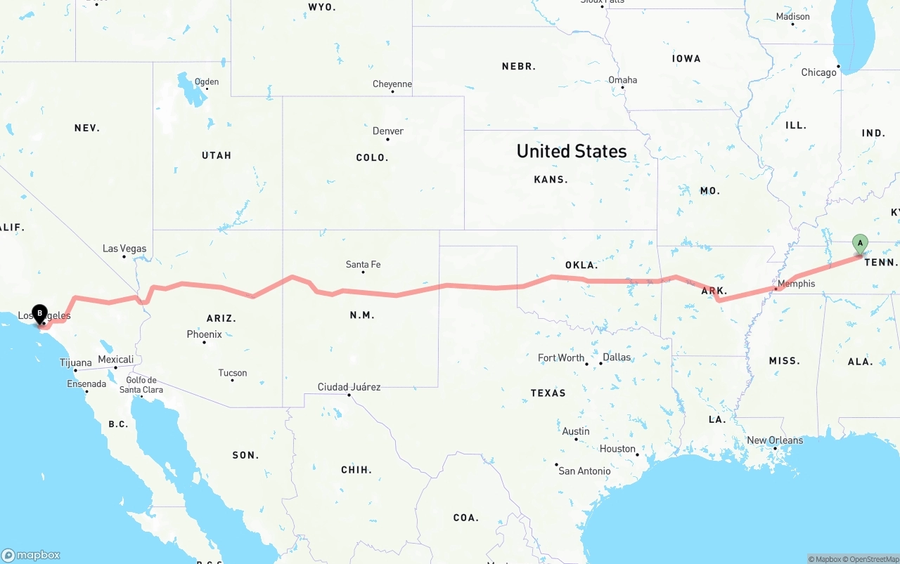 Shipping route from Nashville to Los Angeles International Airport