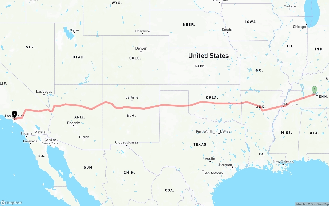 Shipping route from Nashville to Los Angeles