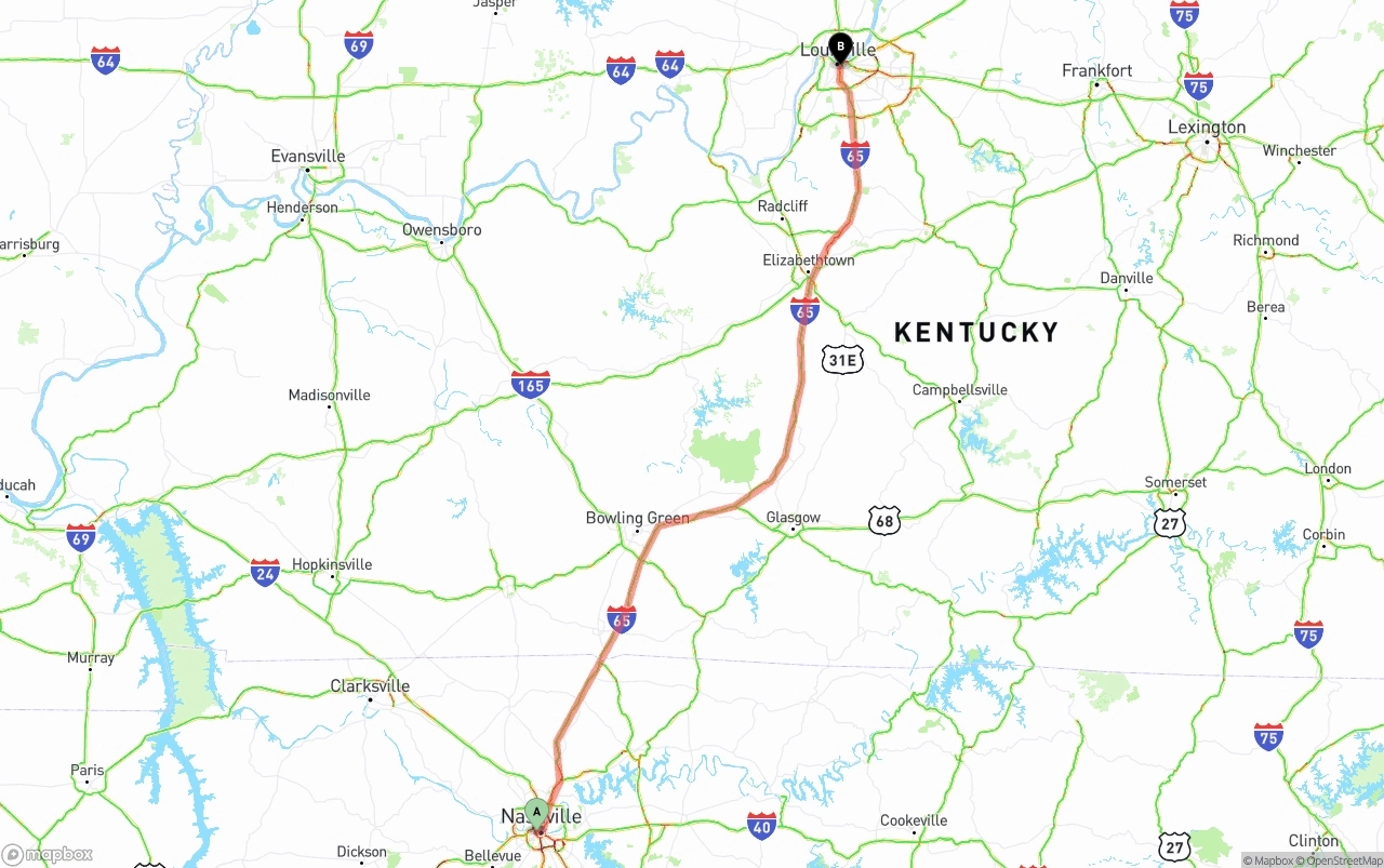 Shipping route from Nashville to Louisville