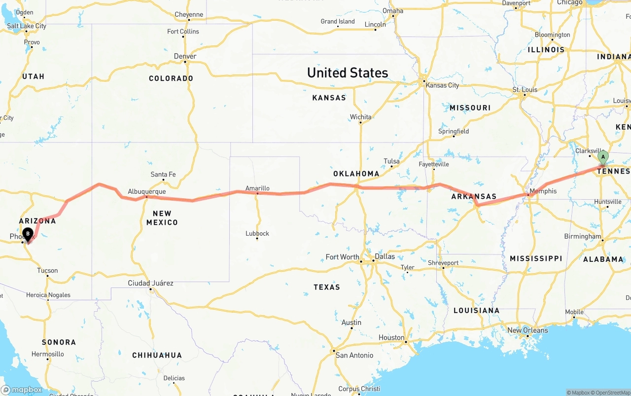 Shipping route from Nashville to Mesa