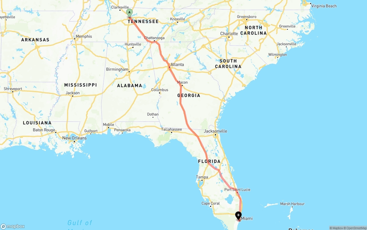 Shipping route from Nashville to Miami International Airport