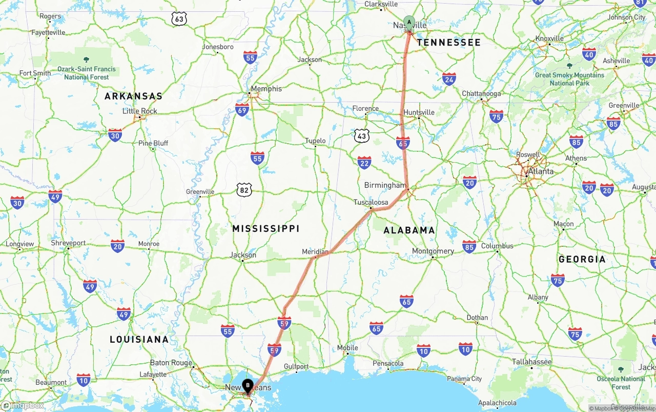 Shipping route from Nashville to New Orleans