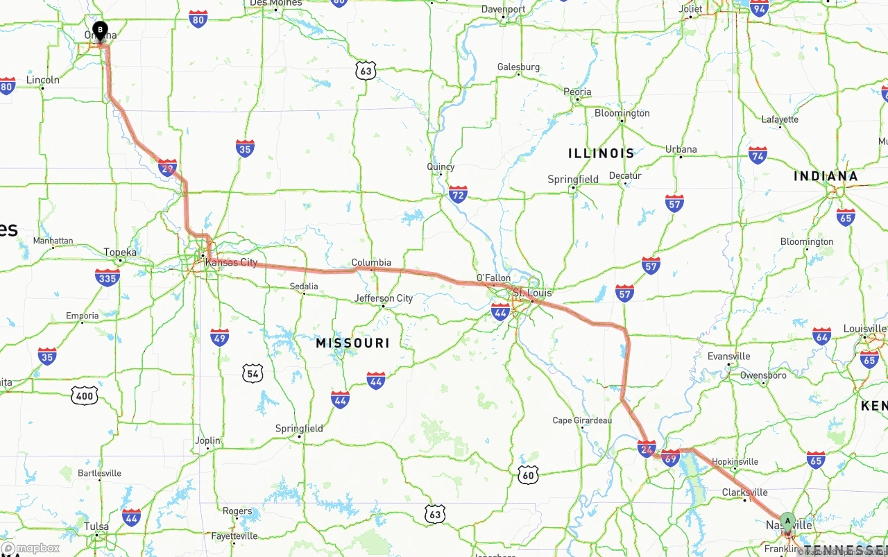 Shipping route from Nashville to Omaha