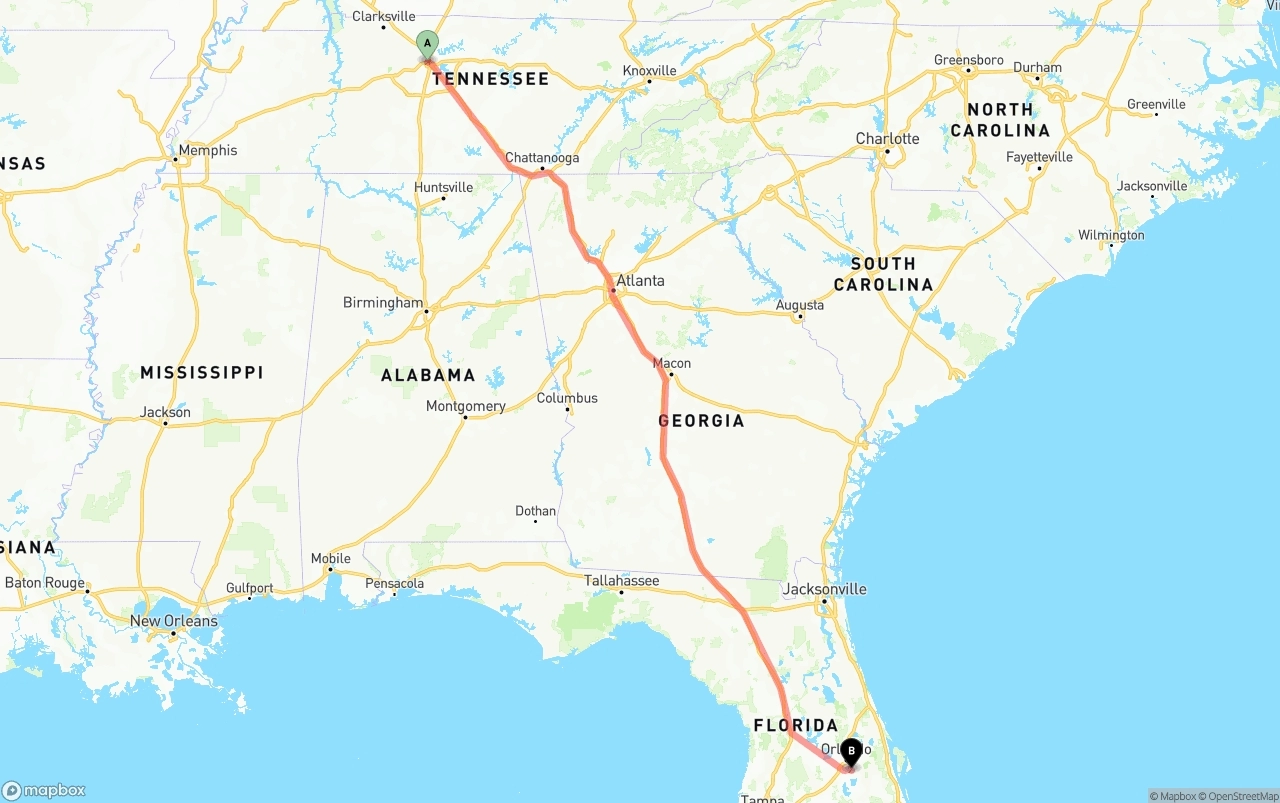 Shipping route from Nashville to Orlando International Airport