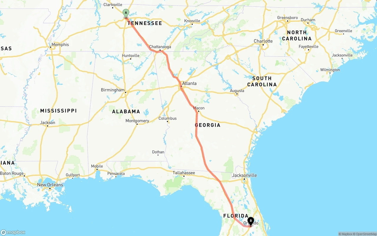 Shipping route from Nashville to Orlando