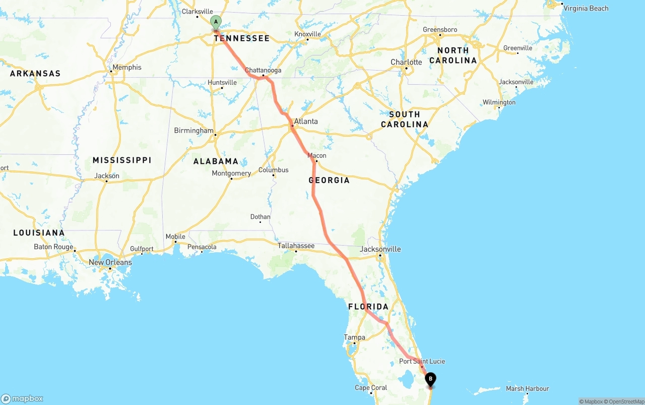 Shipping route from Nashville to Palm Beach International Airport