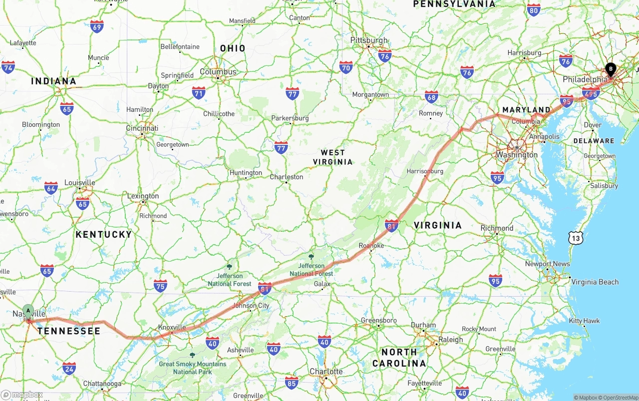 Shipping route from Nashville to Philadelphia