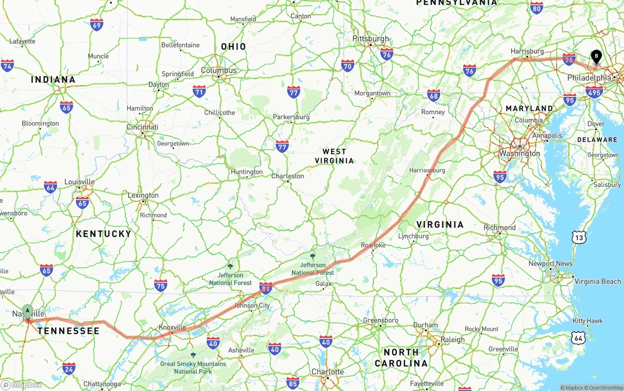 Shipping route from Nashville to Phoenix