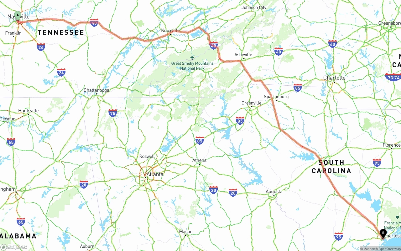 Shipping route from Nashville to Port of Charleston