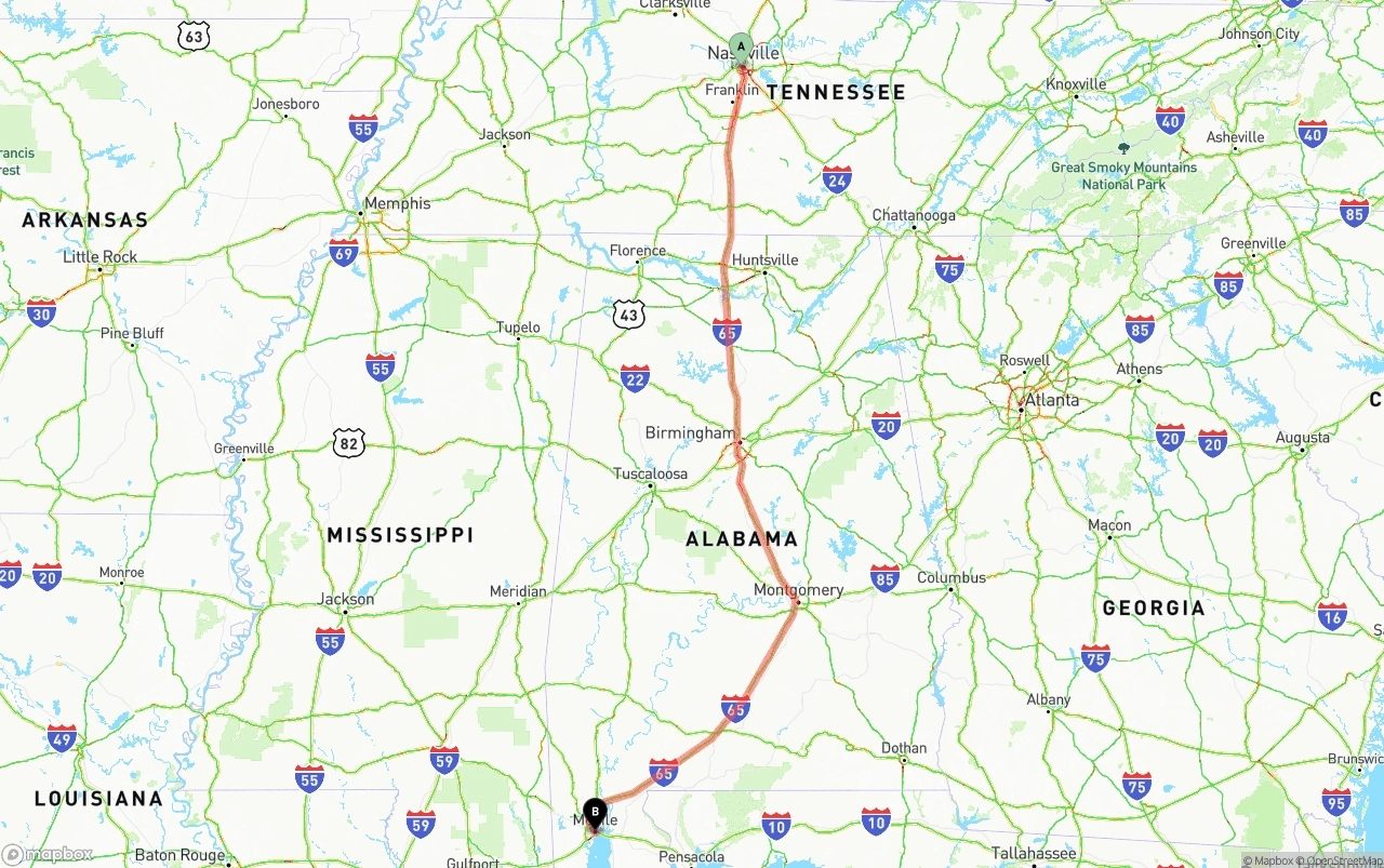 Shipping route from Nashville to Port of Mobile