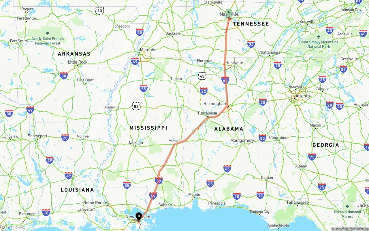 Shipping route from Nashville to Port of New Orleans