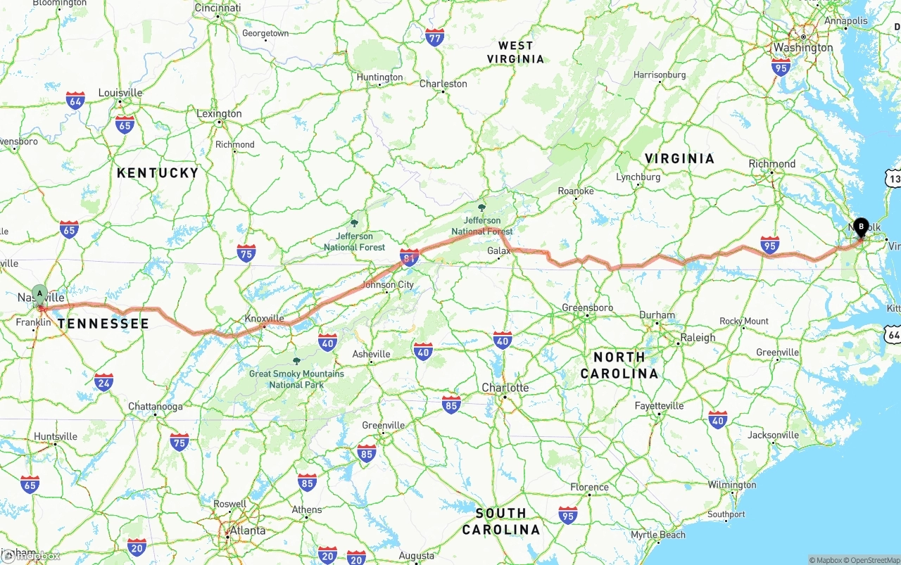 Shipping route from Nashville to Port of Norfolk