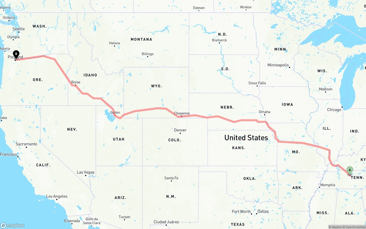 Shipping route from Nashville to Portland International Airport