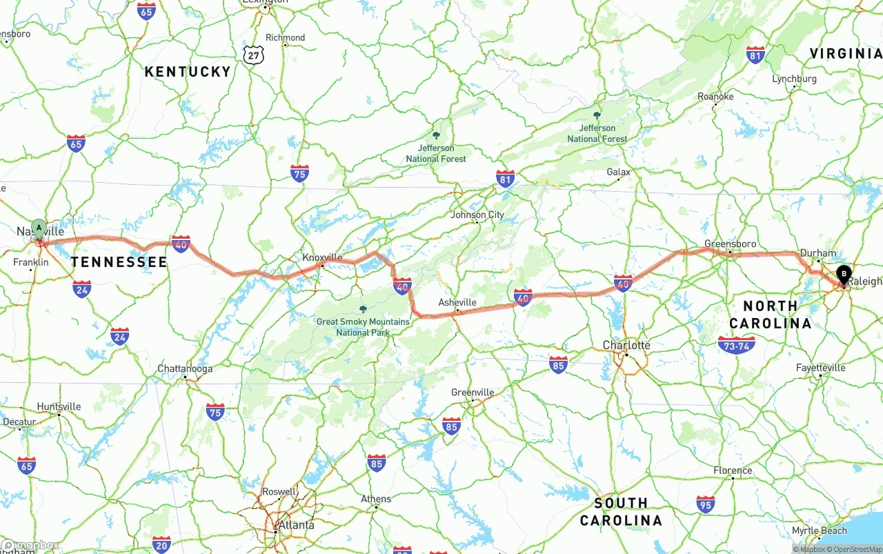 Shipping route from Nashville to Raleigh