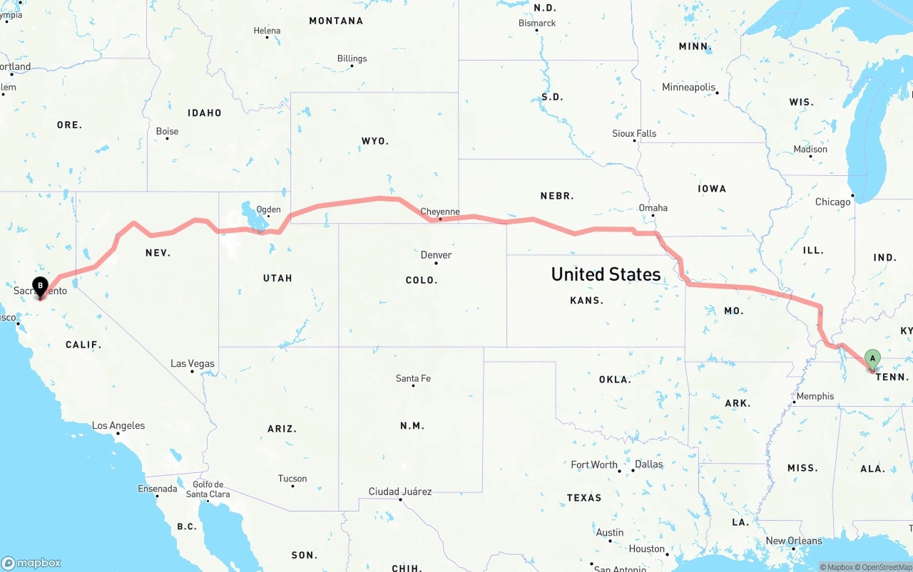 Shipping route from Nashville to Sacramento