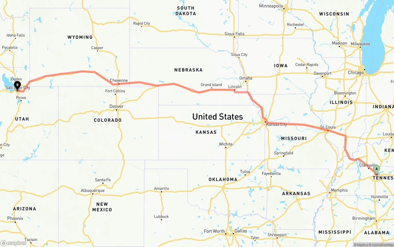 Shipping route from Nashville to Salt Lake City