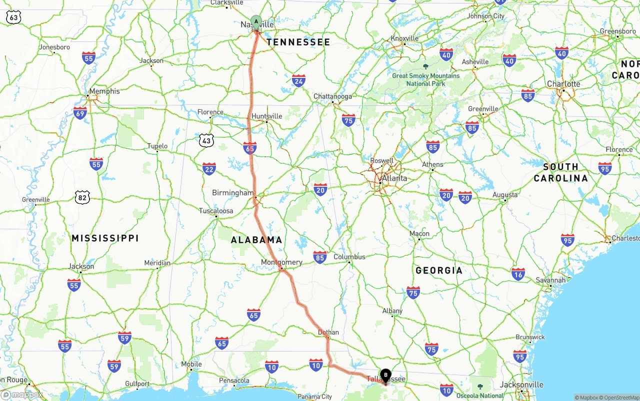 Shipping route from Nashville to Tallahassee