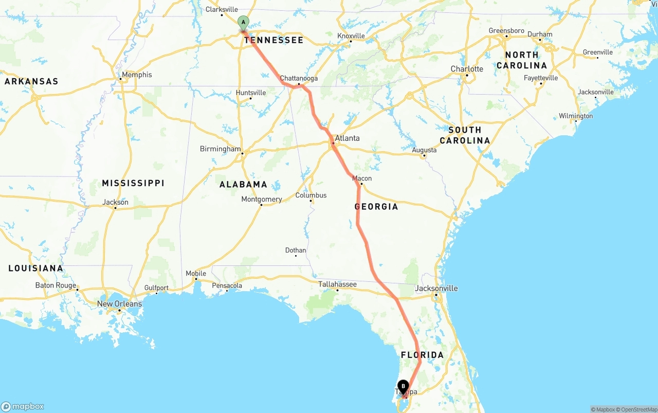 Shipping route from Nashville to Tampa International Airport