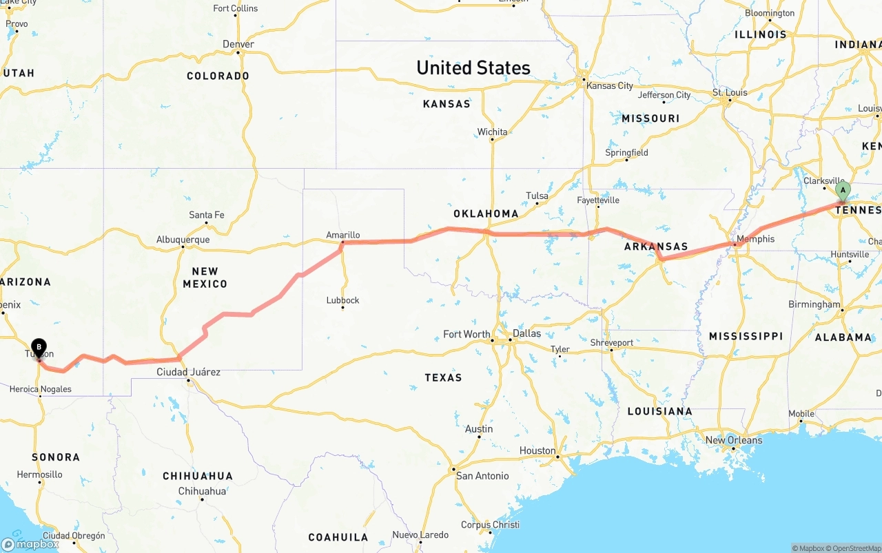 Shipping route from Nashville to Tucson