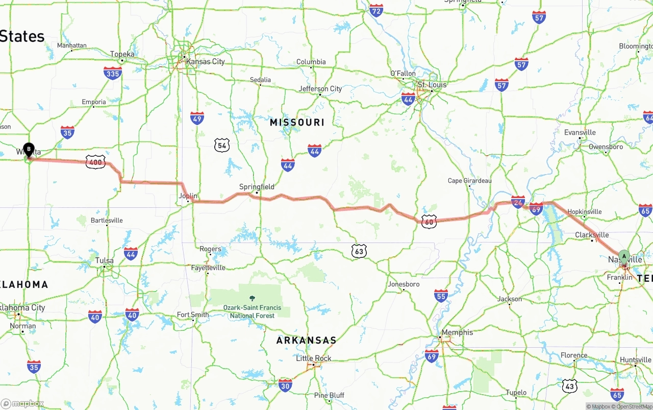 Shipping route from Nashville to Wichita