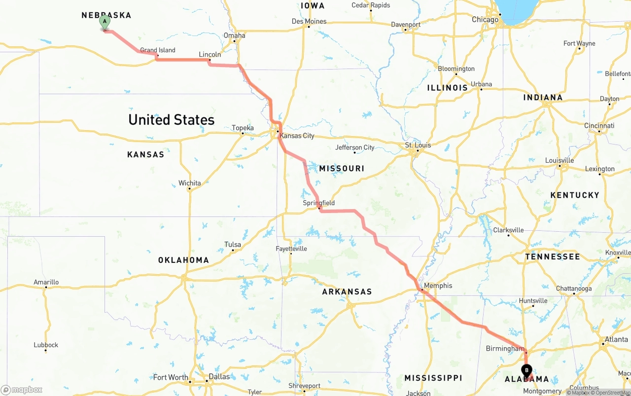 Shipping route from Nebraska to Alabama