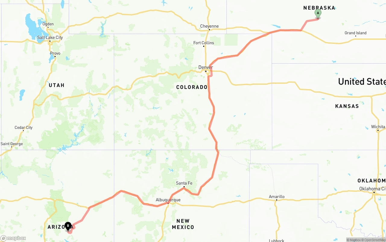 Shipping route from Nebraska to Arizona