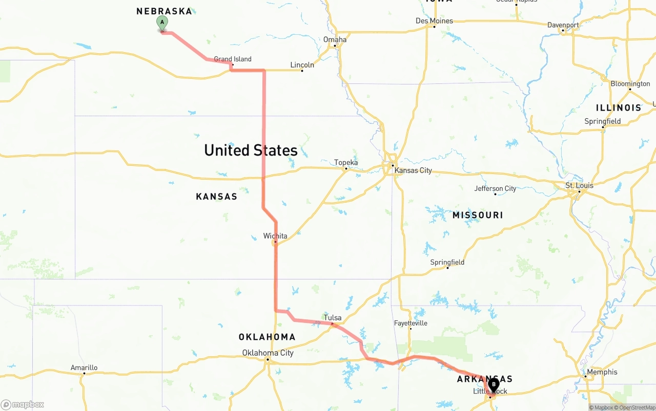 Shipping route from Nebraska to Arkansas