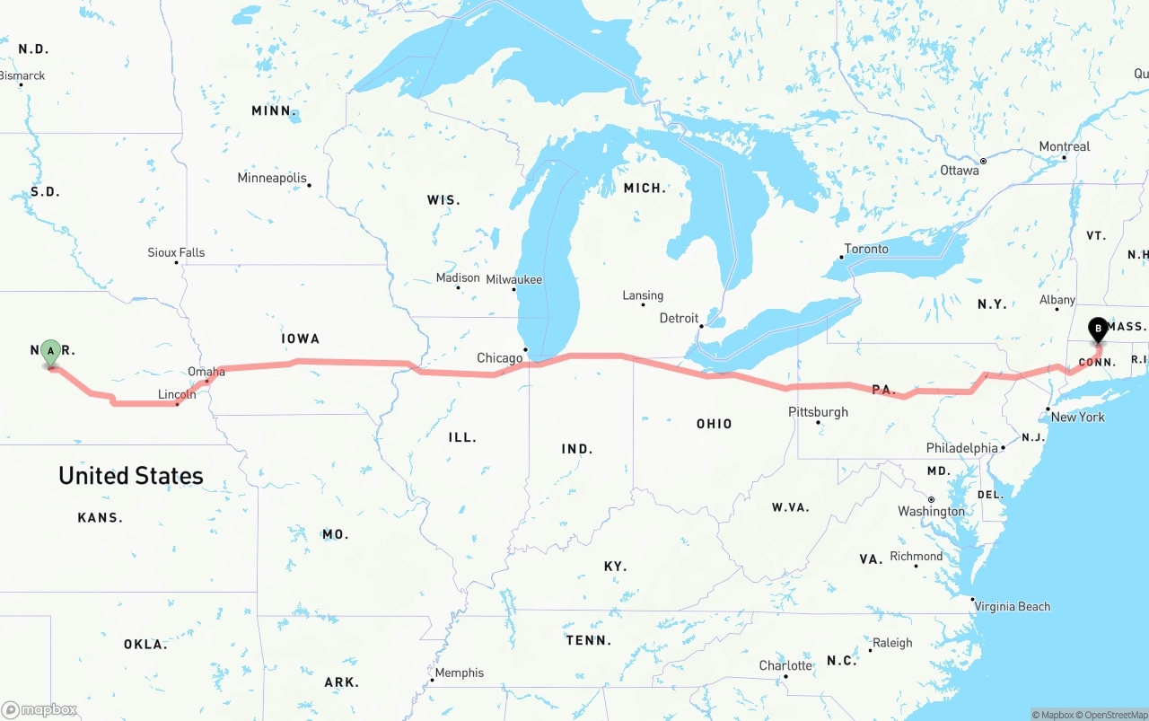 Shipping route from Nebraska to Bradley International Airport