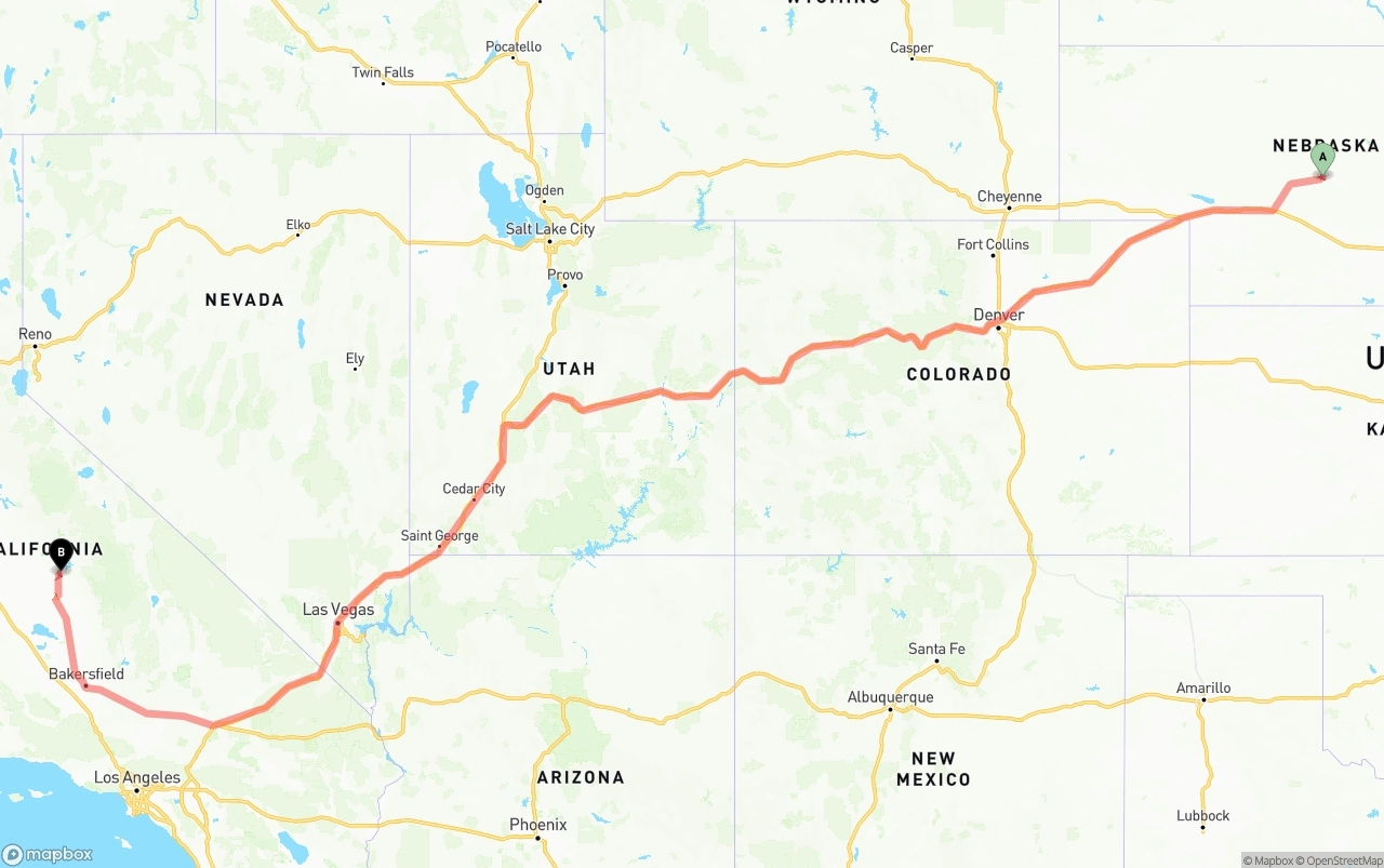 Shipping route from Nebraska to California