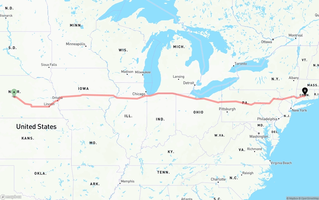 Shipping route from Nebraska to Connecticut