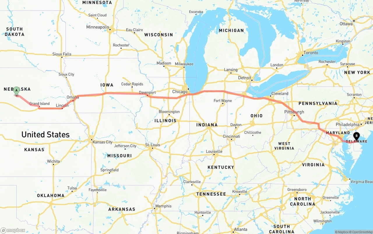 Shipping route from Nebraska to Delaware