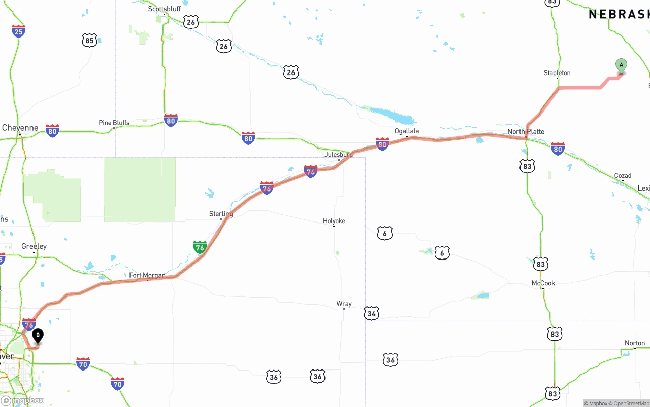 Shipping route from Nebraska to Denver International Airport