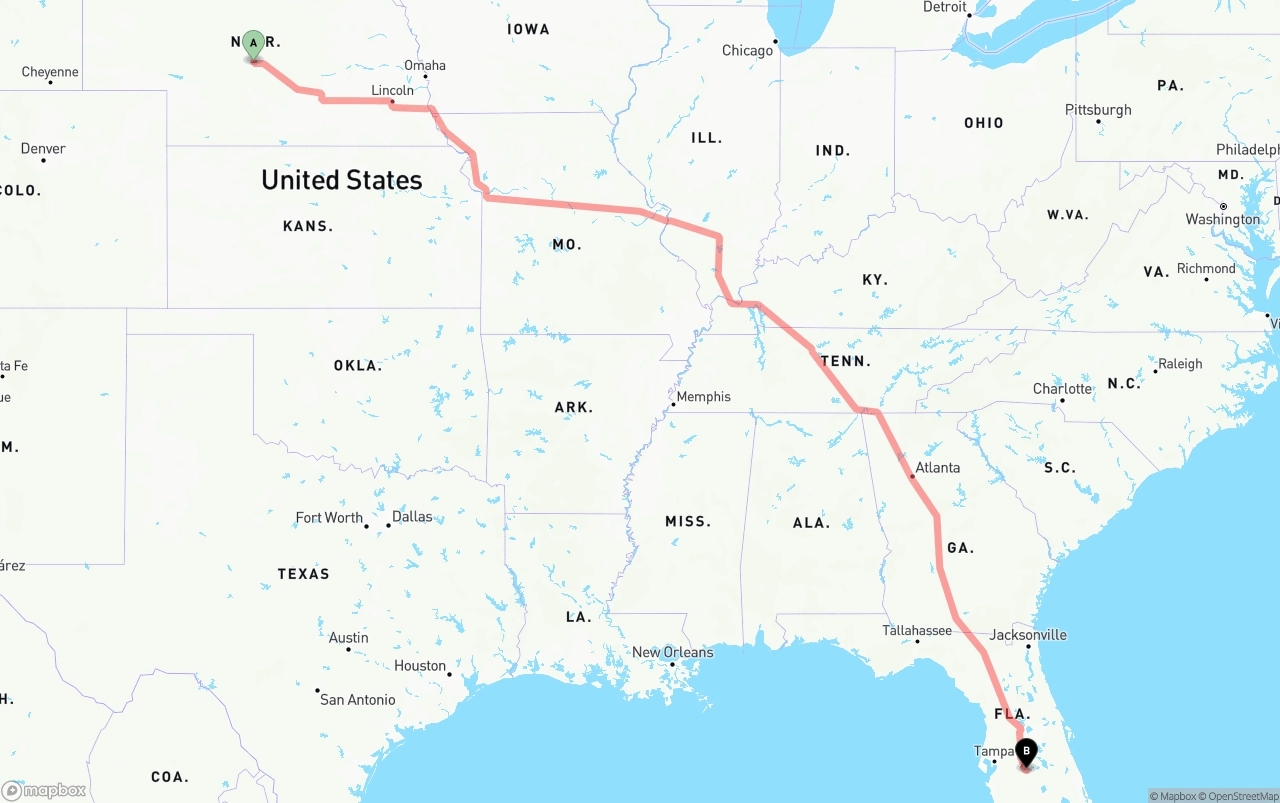 Shipping route from Nebraska to Florida