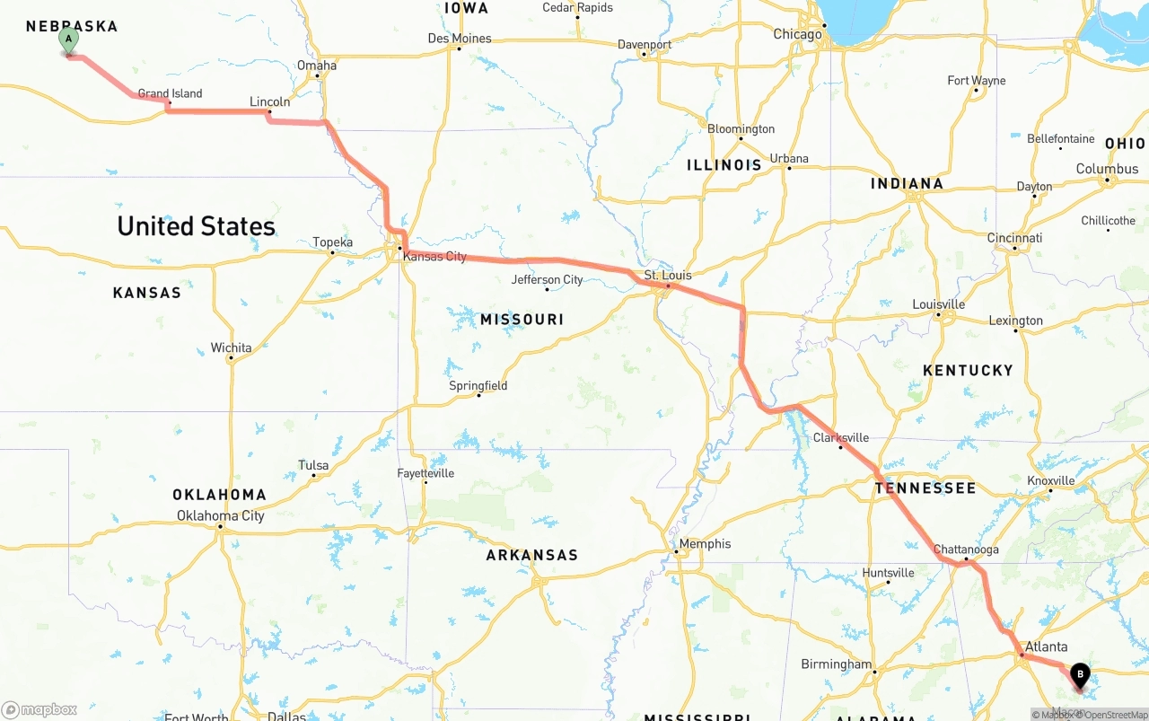 Shipping route from Nebraska to Georgia