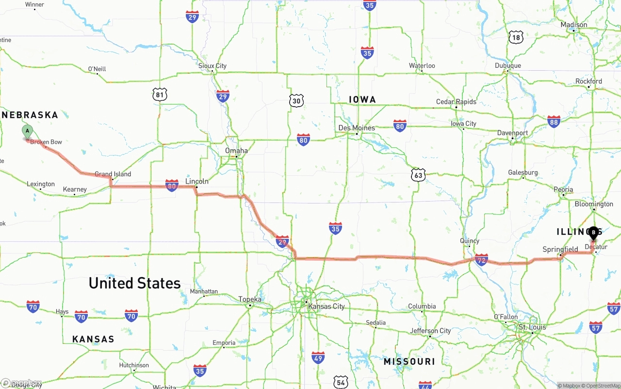 Shipping route from Nebraska to Illinois
