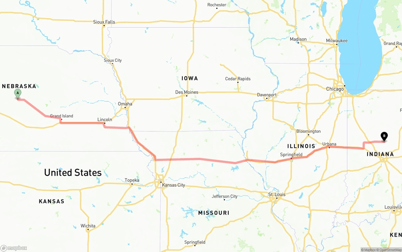 Shipping route from Nebraska to Indiana