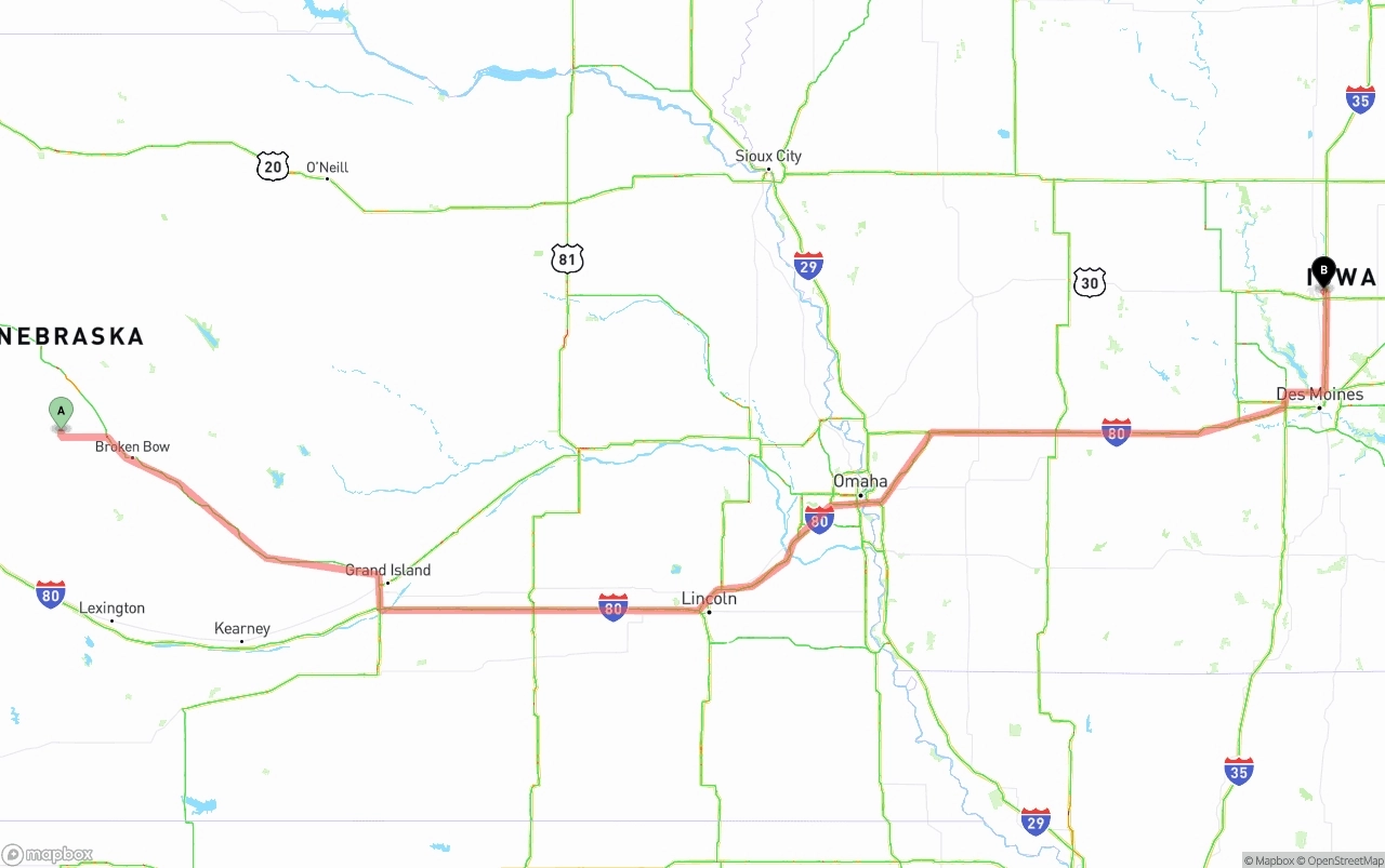 Shipping route from Nebraska to Iowa