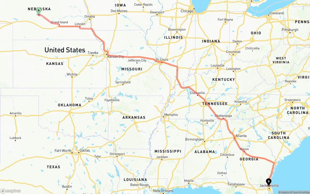 Shipping route from Nebraska to Jacksonville International Airport