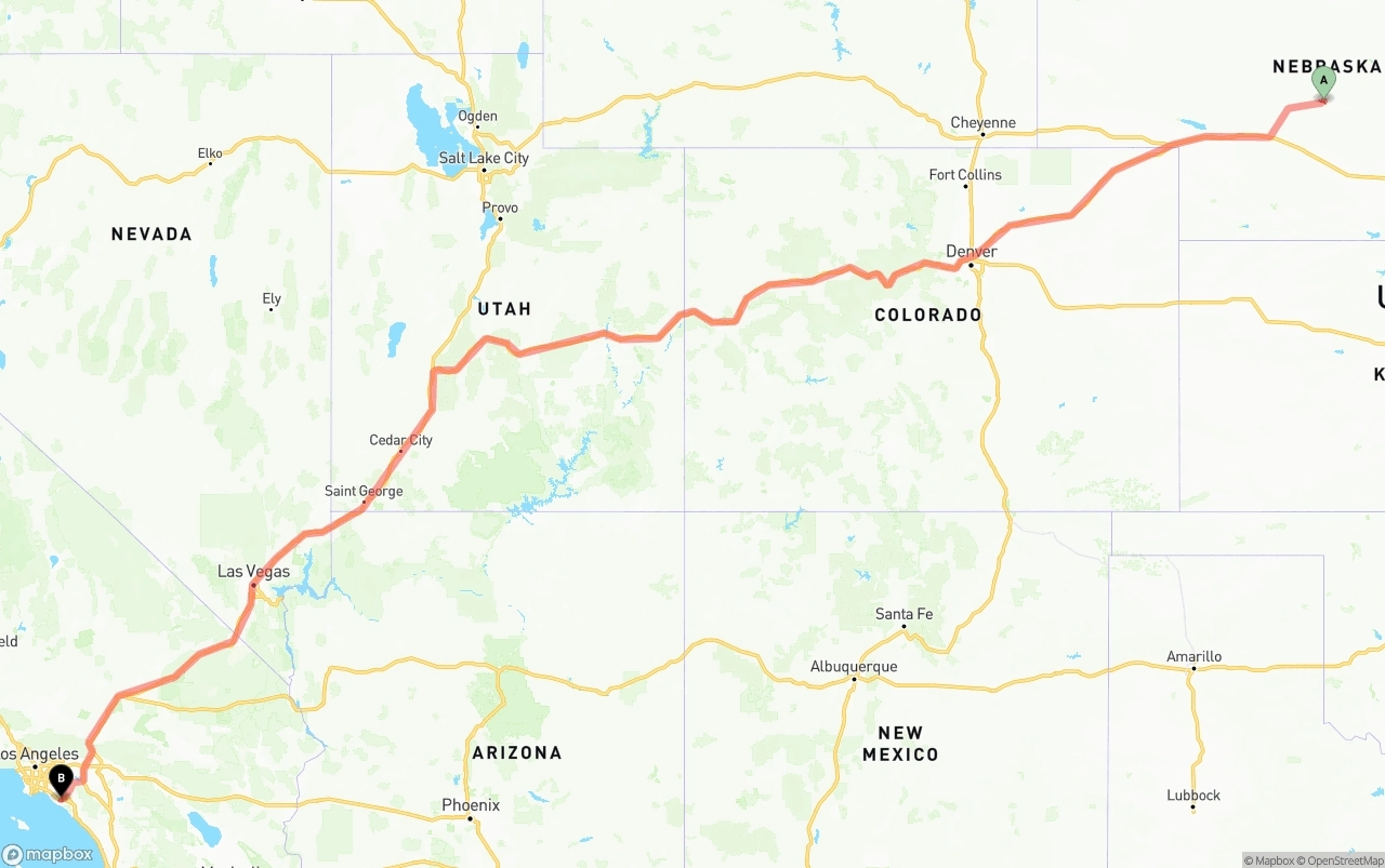 Shipping route from Nebraska to John Wayne Airport — Orange County