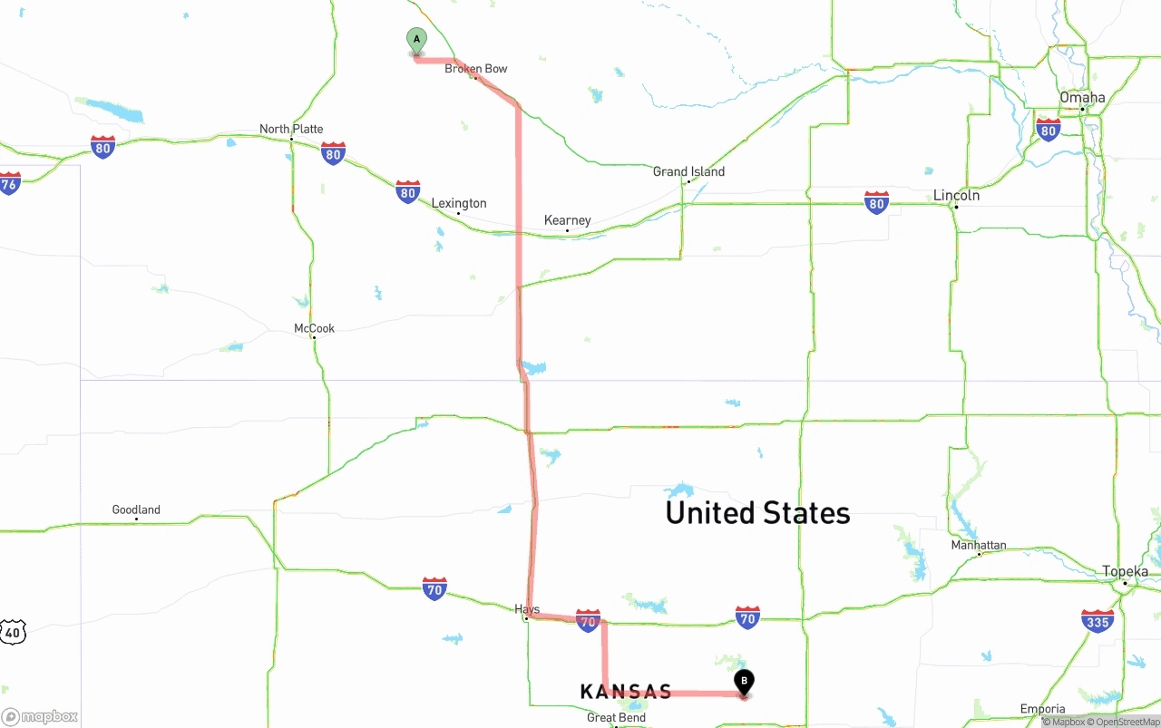 Shipping route from Nebraska to Kansas