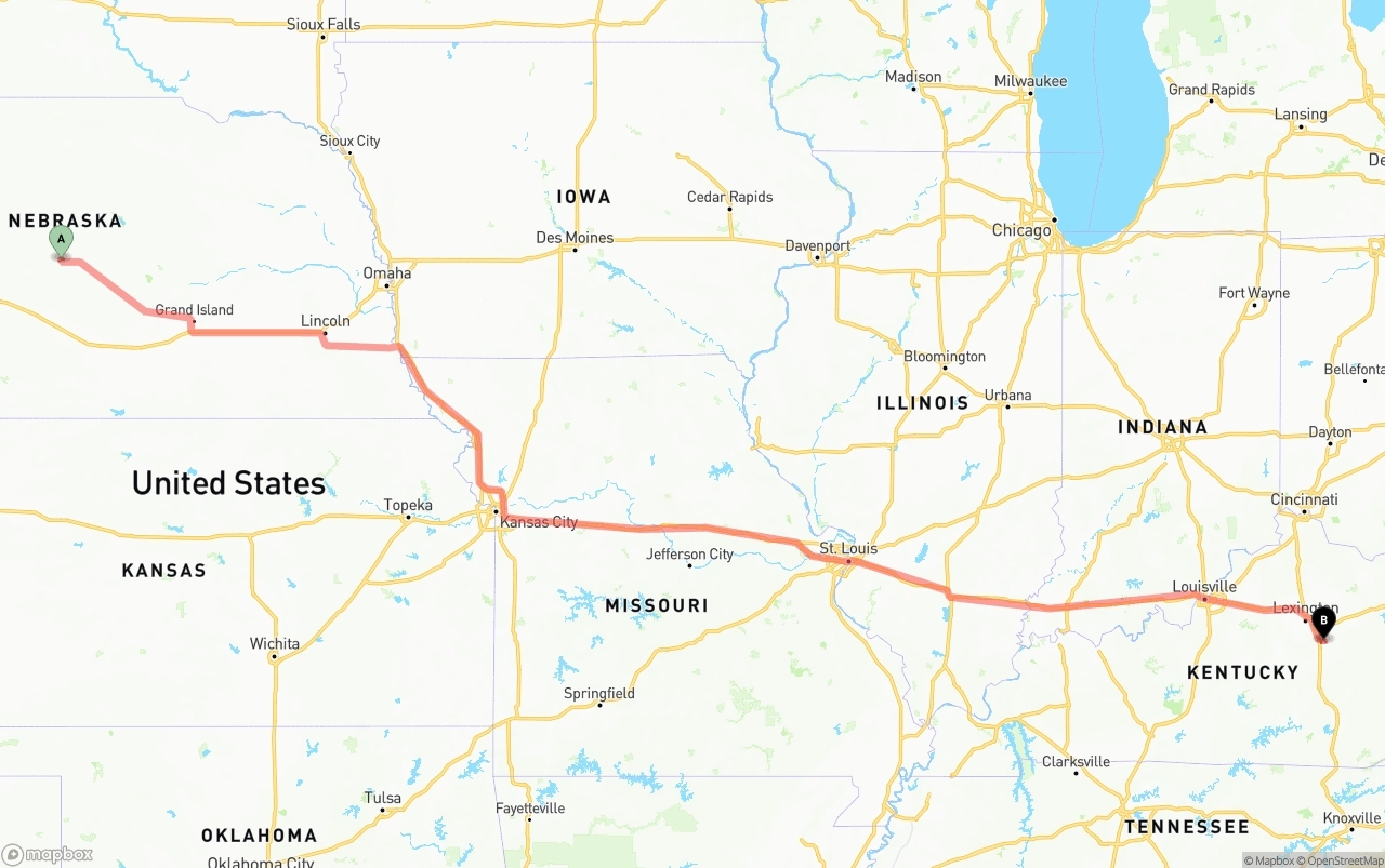 Shipping route from Nebraska to Kentucky