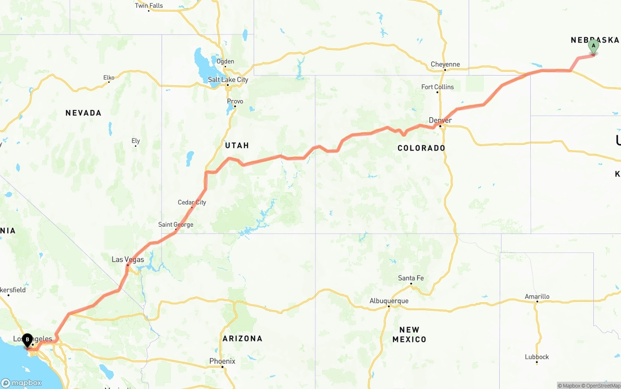 Shipping route from Nebraska to Los Angeles International Airport