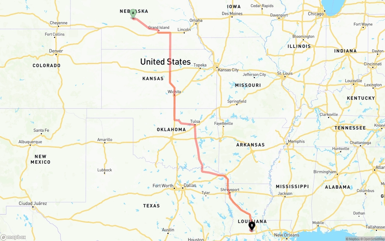Shipping route from Nebraska to Louisiana