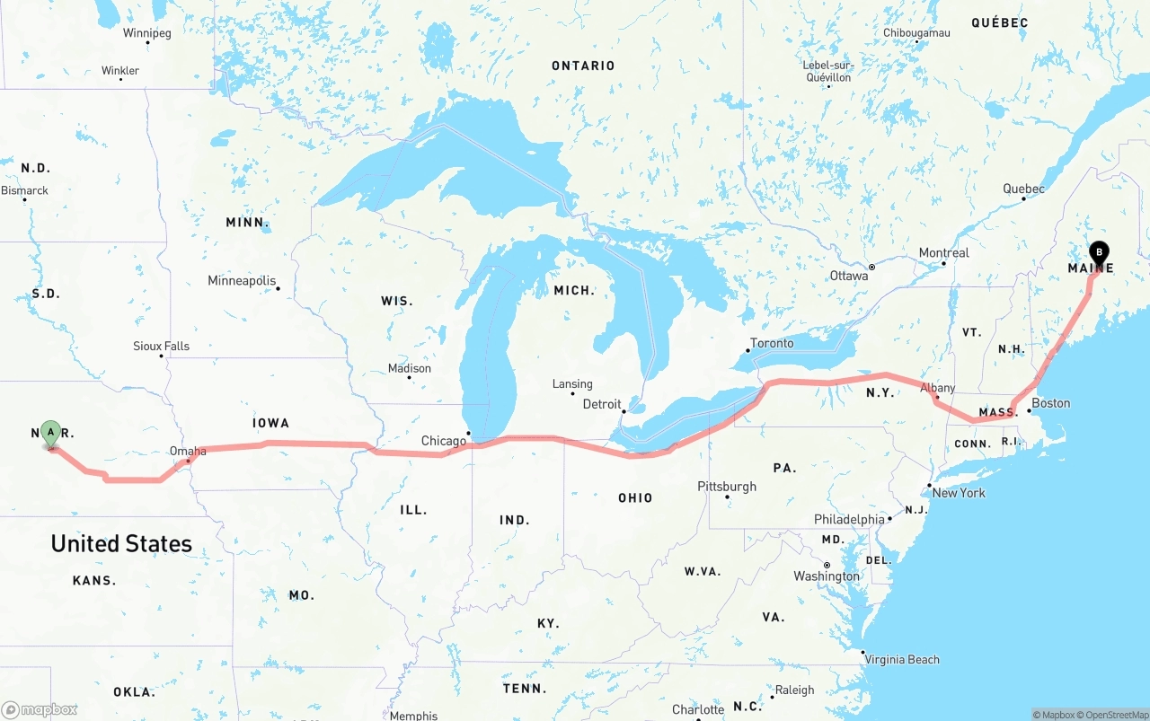 Shipping route from Nebraska to Maine