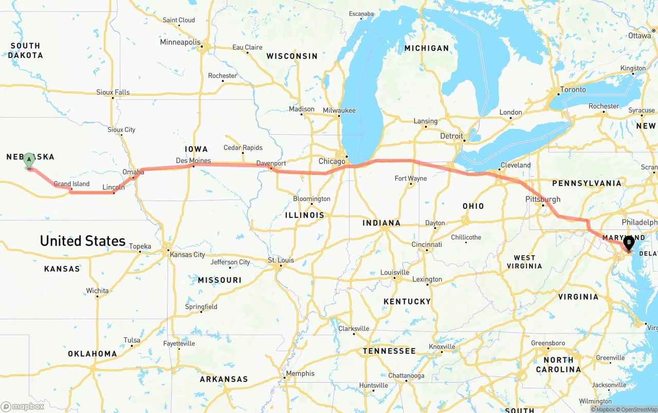 Shipping route from Nebraska to Maryland