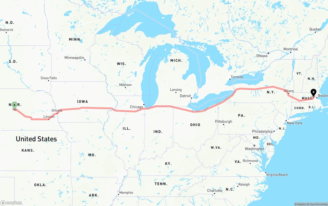 Shipping route from Nebraska to Massachusetts