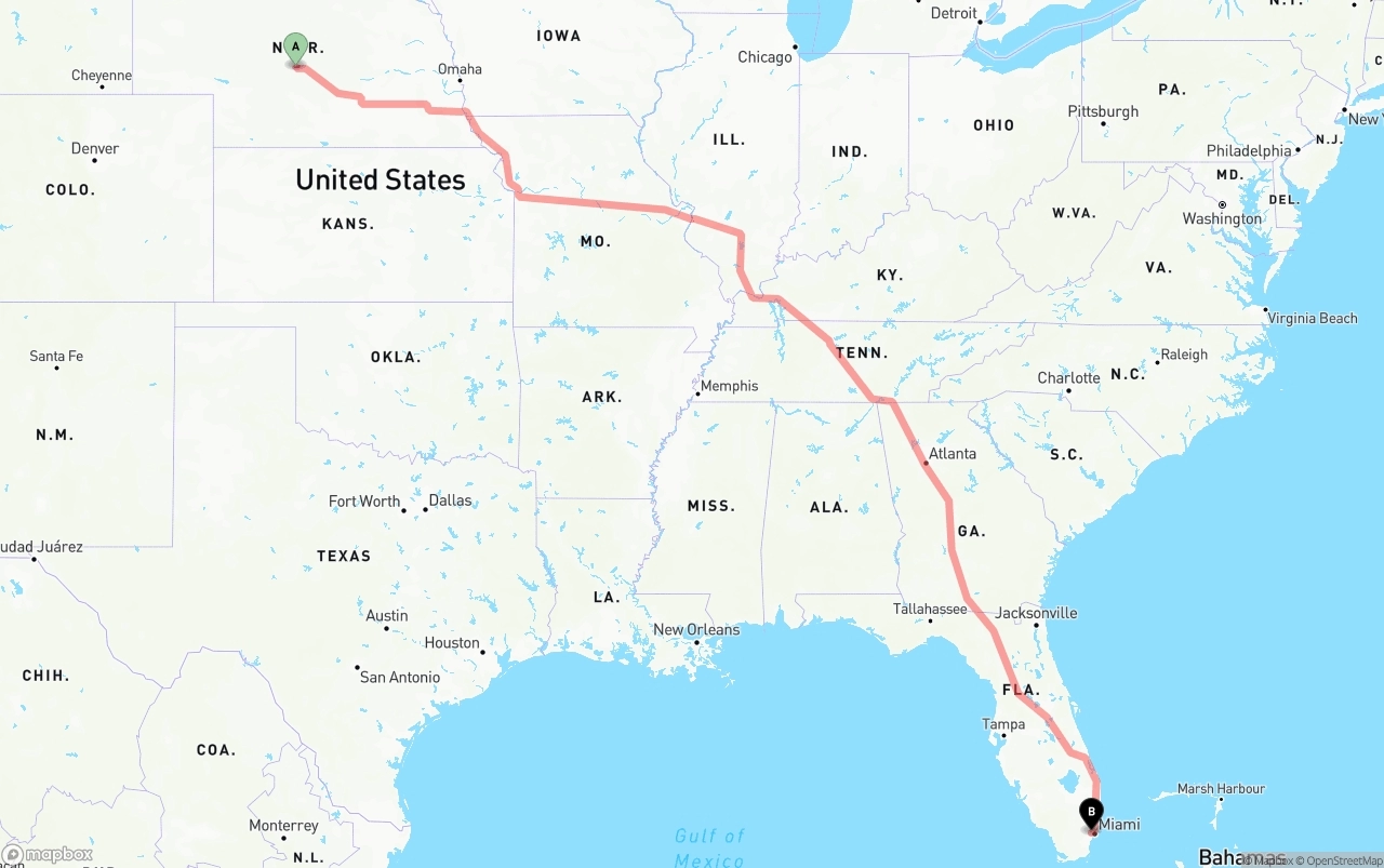 Shipping route from Nebraska to Miami International Airport